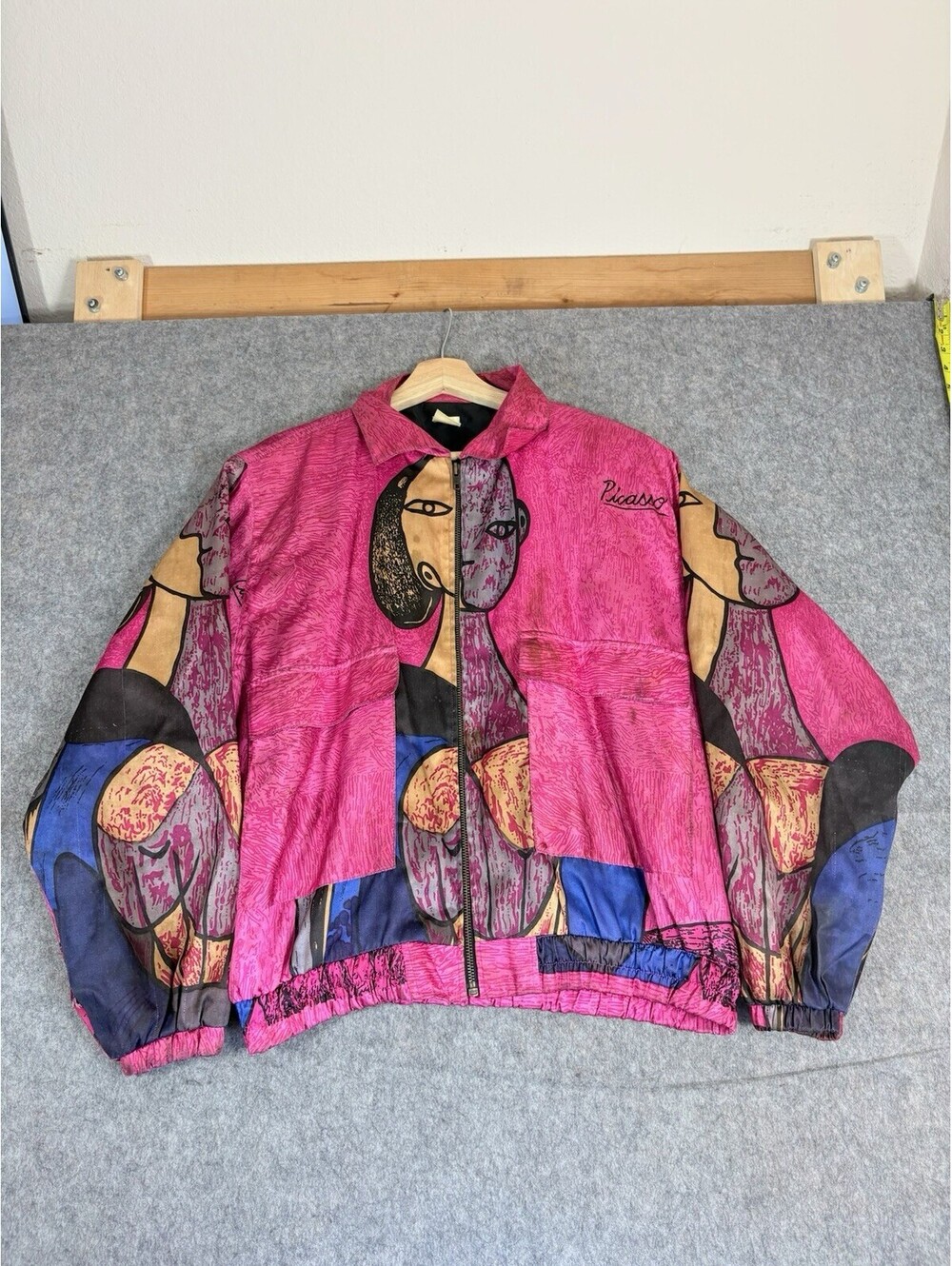 Vintage Picasso Style Silky Bomber Jacket Large Full Zip Red